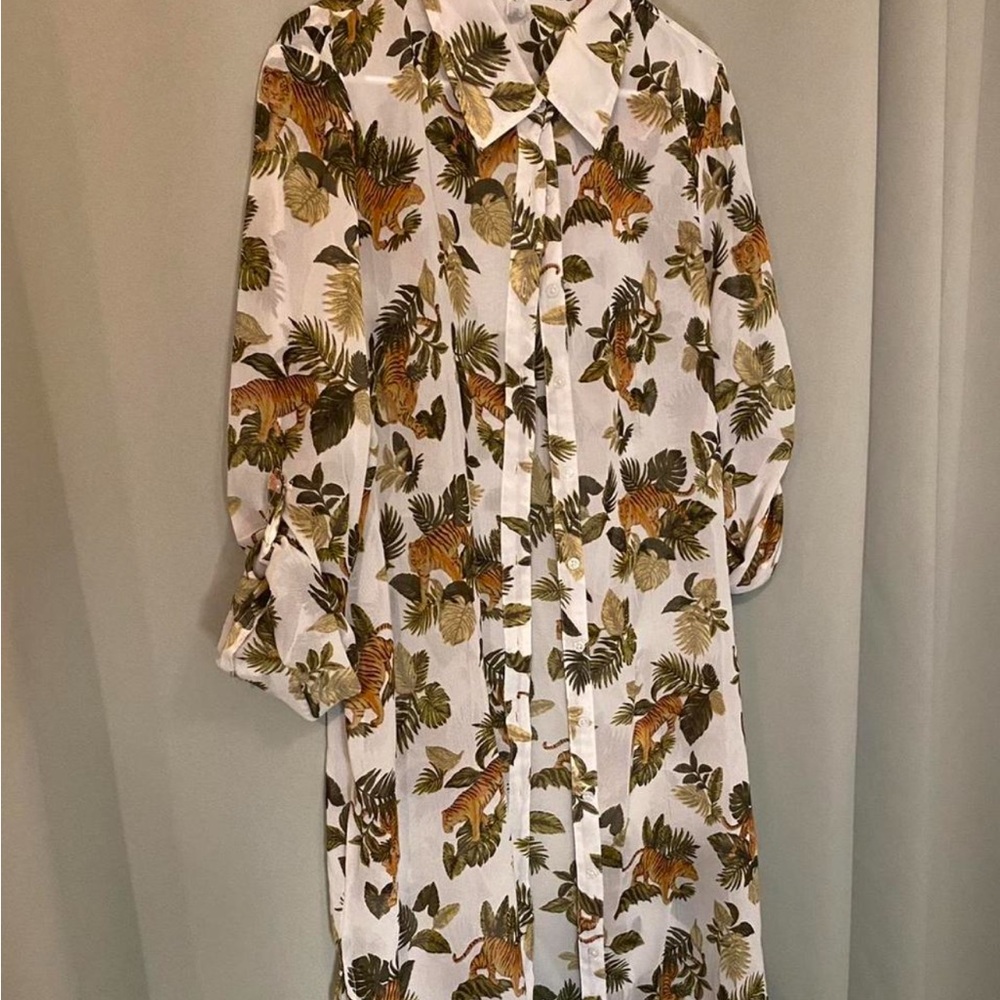 Live 4 Truth Tropical Tiger Print Shirt Dress in White, Green, Brown